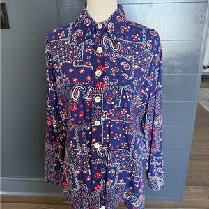 Vintage Men's Paisley Button-Up Shirt - Navy and Red Cowboy Rodeo Western